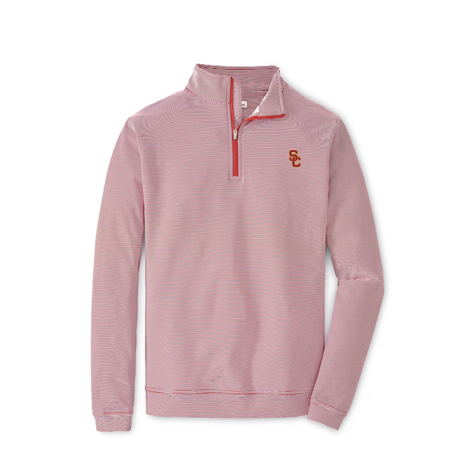 USC Trojans Men's Peter Millar Cardinal Perth Sugar Stripe Performance 1/4 Zip Top