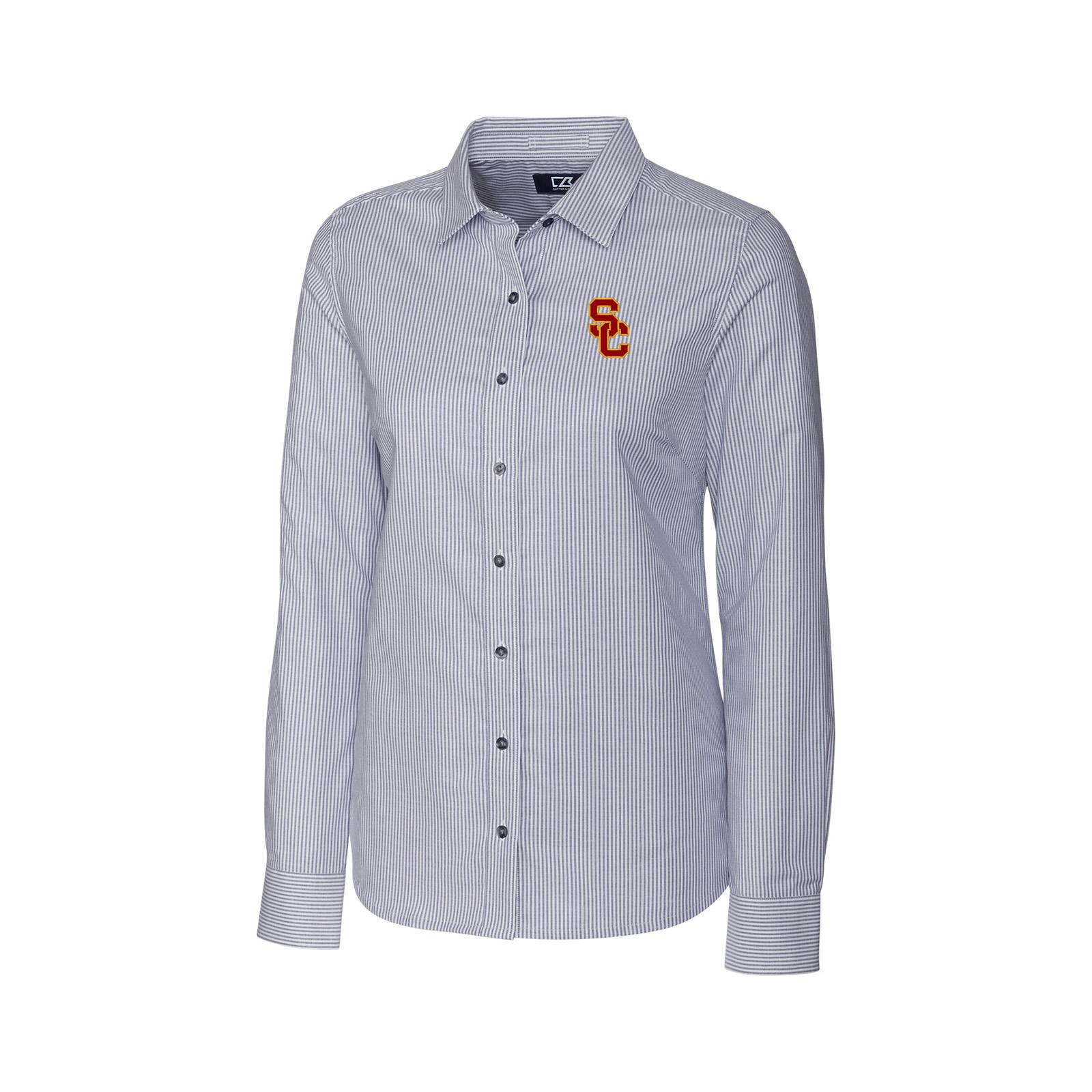 USC Trojans Women's Charcoal SC Interlock Stretch Oxford Stripe Dress Shirt