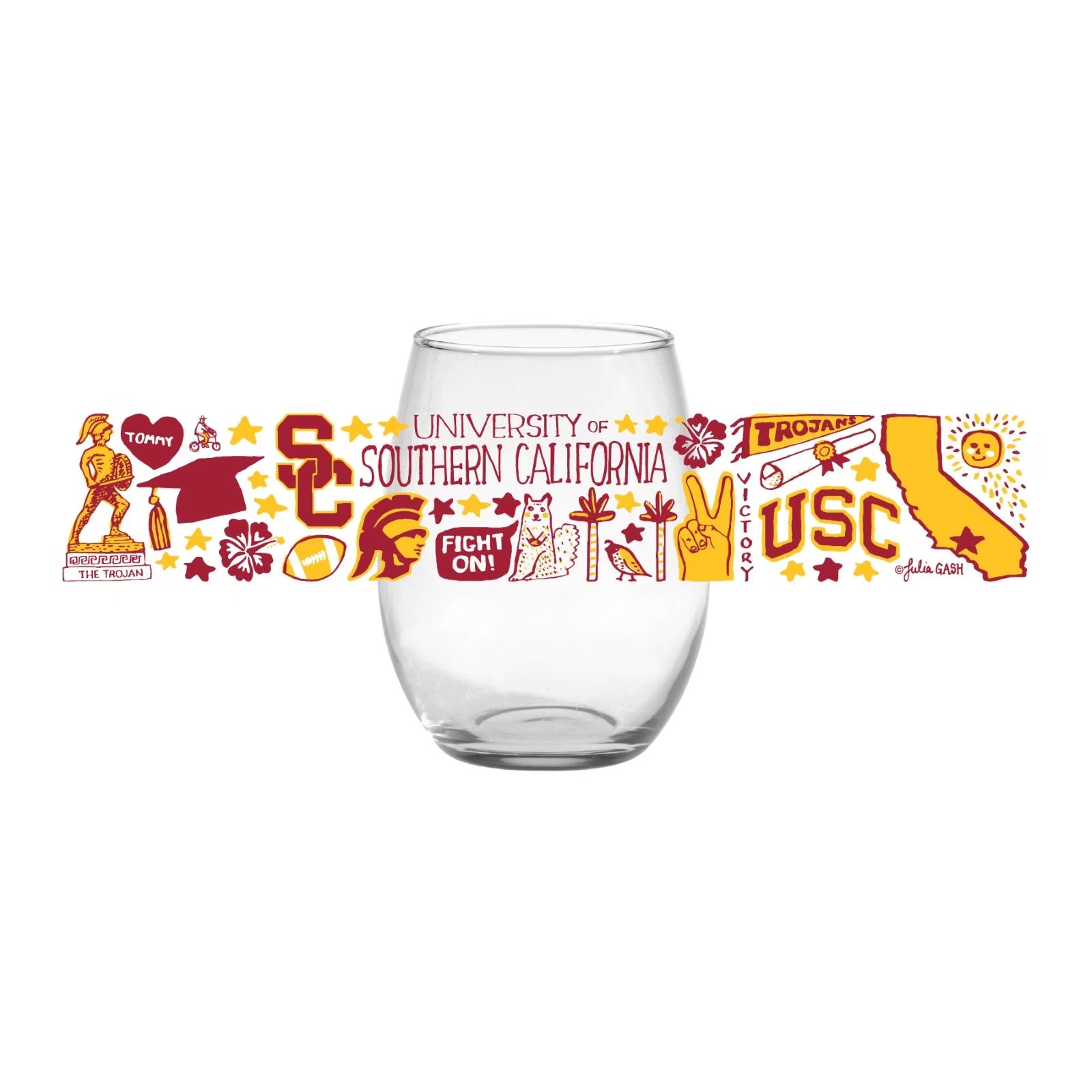 USC Trojans Julia Gash Clear Stemless Wine Glass