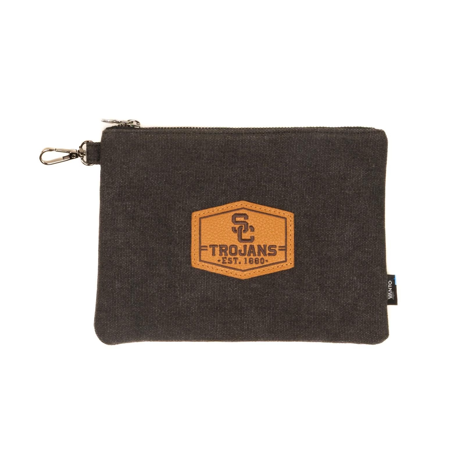 USC Trojans SC Interlock Black Vanto Vintage Canvas Zipper Pouch with Leather Patch