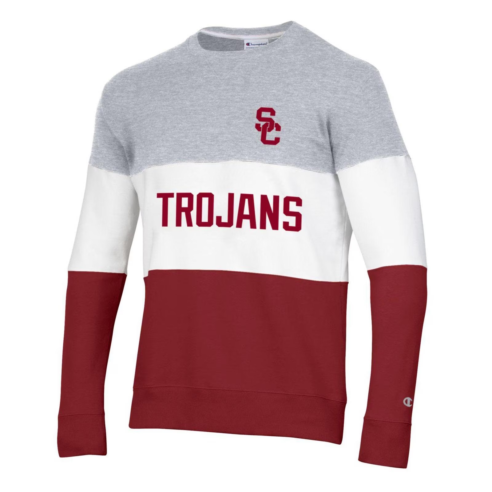 USC Trojans Men's Champion Gray Super Fan Blocked Crew Neck Sweatshirt